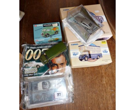 Dinky Army Truck and several boxed Corgi vehicles, with an unopened James Bond Car Collection magazine with model