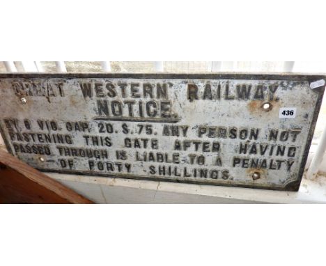 Cast iron Railway sign for GWR "...any person not fastening this gate after having passed through is liable to a fine of fort