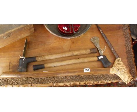 Tribal Art - medicine man's axe, a hoe and another hand tool
