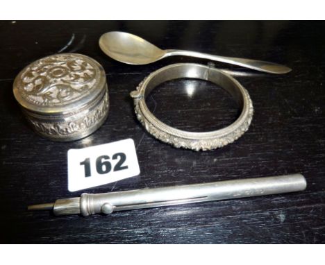 Sampson Mordan & Co silver propelling pencil hallmarked London 1883, (A/F), a Continental silver bracelet, and a lidded pot w