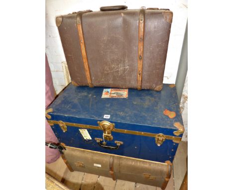 Tin travel trunk with Cunard labels, and two others