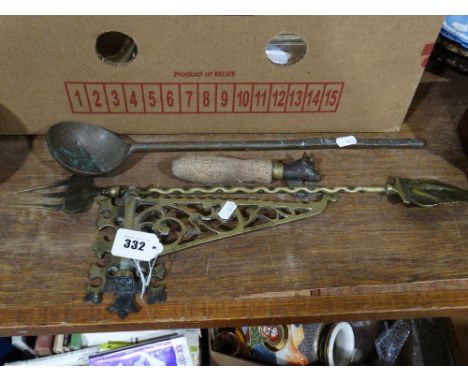     A Decorative Brass Lamp Bracket, Together With A Bulls Head Can Opener Etc      