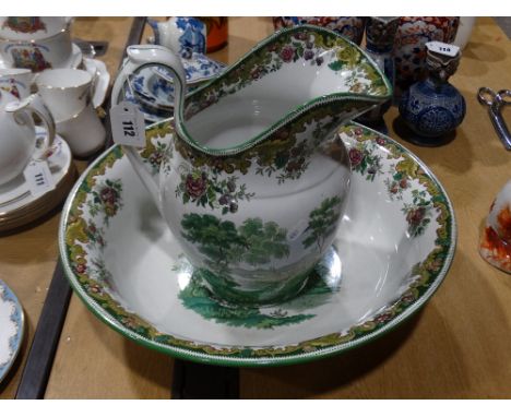     A Copeland Spode Green Transfer Decorated Pottery Wash Jug &amp; Basin              