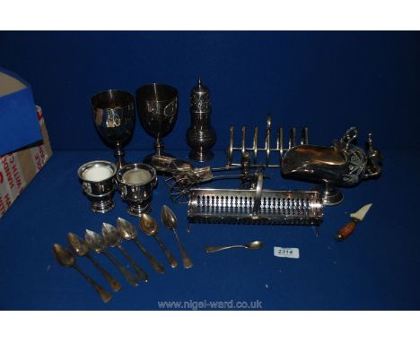 A quantity of silver Plated items including Sugar Scuttle & spoon, Sugar Sifter, Toast Rack, Two Goblets, Bonbon Dish, etc.