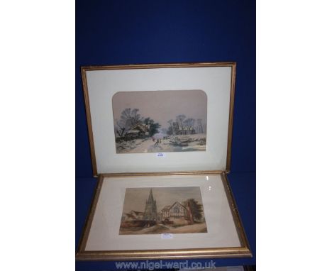 A framed and mounted Print depicting a Winter scene with figures gathering wood along with a Watercolour of Church and house 