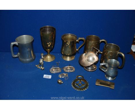 A quantity of silver plated items together with Copper Tankards, Pewter Tankard, Sugar Scuttle and spoon, etc