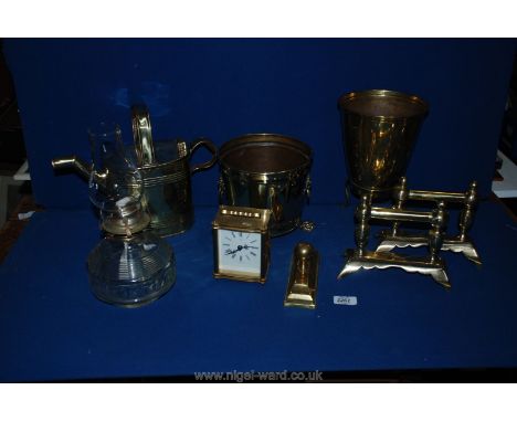 A quantity of Brass including oil lamp, wine cooler, carriage clock, water can, jardiniere, etc.