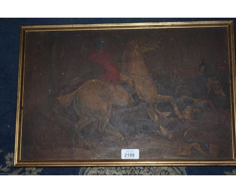 An Oelograhp of a Hunt Master and hounds in a narrow gilt frame. Typed label to the rear Claude Gallery, 33 Chiltern St, Lond