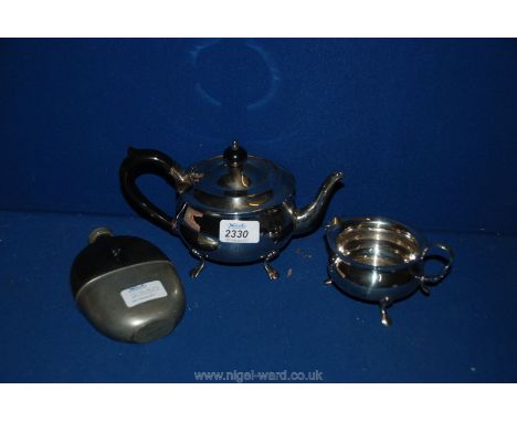 An Epns plated Teapot and Milk Jug and an old hip flask