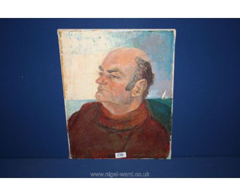 An Oil on canvas portrait of a Fisherman with boat in the distance.