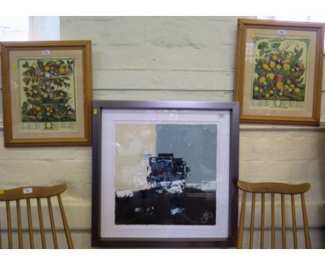 Marion, abstract, acrylic on paper, monogrammed, 50cm x 50cm and two calendar prints (3) 