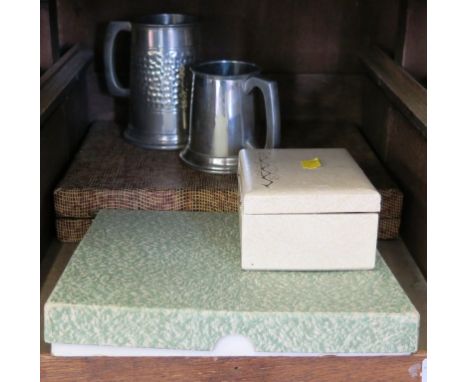An EPNS engine turned brush, two pewter tankards and two boxes of cutlery