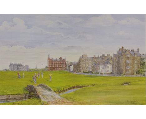 After Bill Waugh 'The Old Bridge' St Andrews golf print signed in pencil, 49cm x 66cm