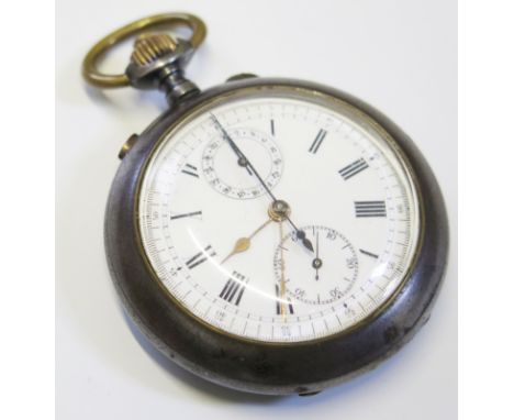 A gunmetal pocket watch with sub dial and stopwatch sweep