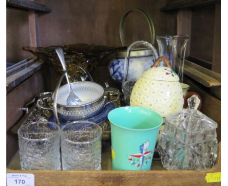 A 'Bex Moulding' green beaker with Festival of Britain transfer print, various other glassware, ceramics and plate, including