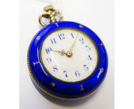 A silver and blue enamel ladies Swiss fob watch with gold decoration to the back cover