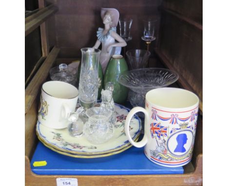 Various Royal Doulton collectors plates, a Nao figure, a pair of Wedgwood plates and various glassware and ceramics