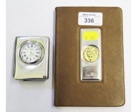 R. Carr silver cased clock Sheffield 1996, together with a Vera Pelle address book with brown leather cover and stirling 925 