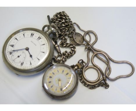 A Nickel plated Zenith pocket watch on silver Albert, together with a ladies silver fob watch 