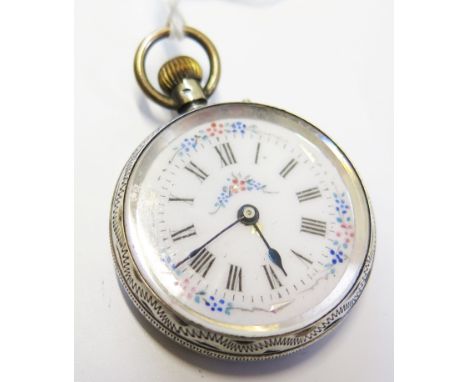 A ladies Swiss made silver fob watch with enamel flower decoration to dial