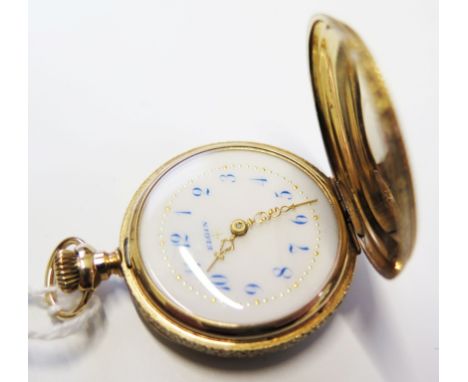 A ladies 14 carat gold full hunter fob watch by Elgin Watch Co. with white enamel dial and blue Arabic numerals