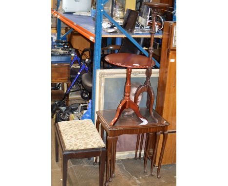 NEST OF 3 MAHOGANY TABLES, MAHOGANY EFFECT WINE TABLE, MAHOGANY PLANT STAND &amp; PADDED STOOL     