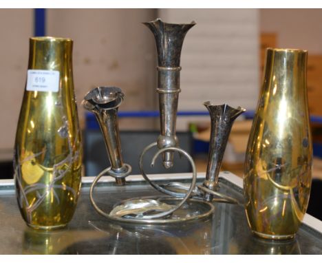 PAIR OF ORIENTAL STYLE METAL VASES &amp; EP EPERGNE STAND     