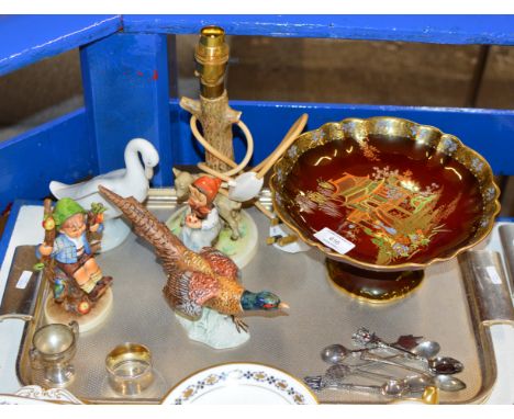 TRAY CONTAINING CARLTON WARE COMPORT, VARIOUS SOUVENIR SPOONS, MINIATURE SILVER TROPHY, SILVER NAPKIN RING, GOEBEL FIGURINE, 