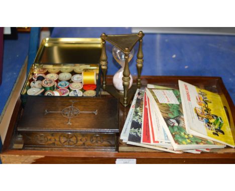 SERVING TRAY, WOODEN BOX, VARIOUS SEWING THREADS, OLD TIMER, CIGARETTE CARDS ETC     