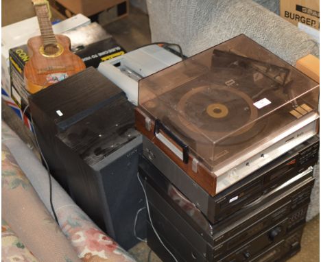 SONY TWIN SPEAKER HIFI, PHILIPS TURNTABLE, PROJECTOR &amp; BOX WITH UKULELE ETC     