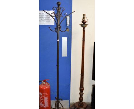 WROUGHT IRON COAT STAND &amp; MAHOGANY STANDARD LAMP     