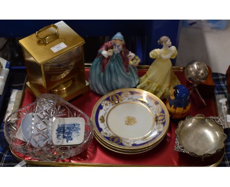 TRAY CONTAINING ROYAL DOULTON FIGURINE ORNAMENTS, DECORATIVE LIDDED BOX, SILVER PRESENTATION JACK ON STAND, CONTINENTAL SILVE