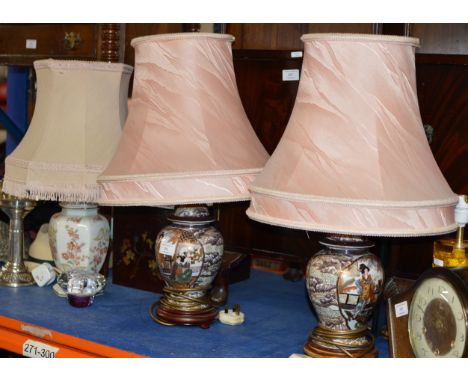 PAIR OF ORIENTAL STYLE LAMPS WITH SHADES, 1 OTHER LAMP &amp; GLASS PAPERWEIGHT     