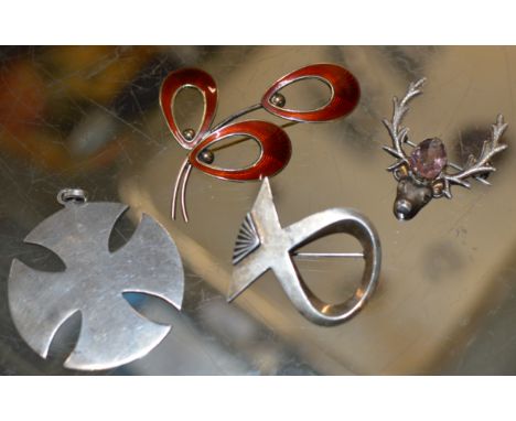 DANISH STERLING SILVER &amp; ENAMEL BROOCH &amp; 3 VARIOUS OTHER SILVER BROOCHES     