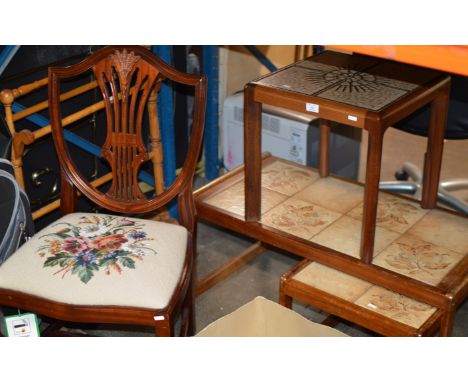 3 TILE TOP TABLES &amp; SHIELD BACK CHAIR WITH TAPESTRY SEAT     