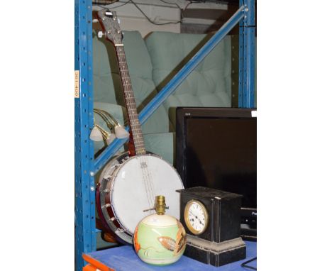 HEAVY SLATE MANTLE CLOCK, GREYS POTTERY LAMP BASE &amp; MODERN BANJO     
