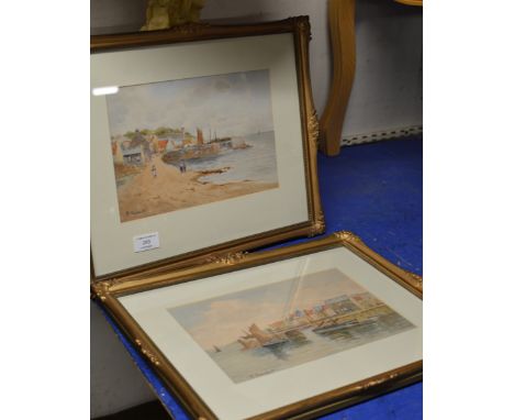PAIR OF GILT FRAMED WATERCOLOURS - HARBOUR SCENES, BY R. STEWART     