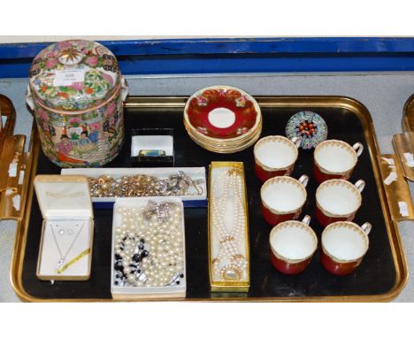 TRAY CONTAINING CHINESE LIDDED JAR, COSTUME JEWELLERY, ROYAL WORCESTER COFFEE WARE, PAPER WEIGHT ETC     