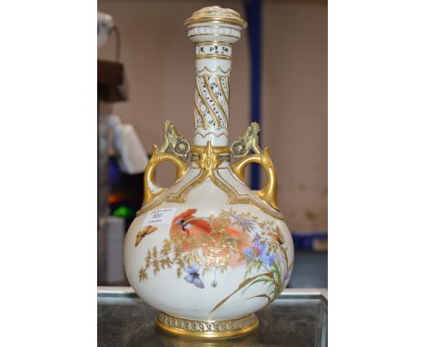 14" ROYAL WORCESTER DOUBLE HANDLED LIDDED VASE DECORATED WITH FLOWERS &amp; BUTTERFLIES     