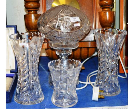 CRYSTAL TABLE LAMP &amp; 3 VARIOUS CRYSTAL VASES     