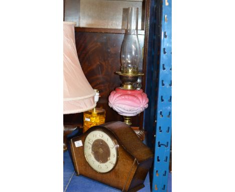 OAK CLOCK CASE, RETRO LAMP &amp; VICTORIAN PARAFFIN LAMP     