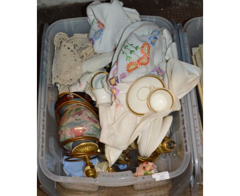 BOX CONTAINING QUANTITY VARIOUS TEA WARE, EP WARE, WEDGWOOD JASPER WARE, DECORATIVE LAMP ETC     