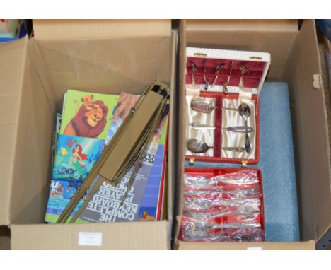 2 BOXES WITH VARIOUS CUTLERY, MUSIC STAND, MUSIC BOOKS ETC     