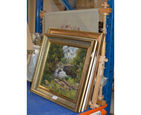 GILT FRAMED OIL ON CANVAS - RIVER LANDSCAPE SIGNED HAMILTON, VARIOUS OTHER PICTURES, TAPESTRY FRAMES ETC     