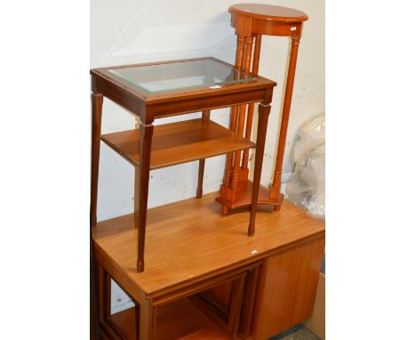 TEAK UNIT WITH UNDER TABLES, GLASS TOP UNIT &amp; REPRODUCTION PLANT STAND     