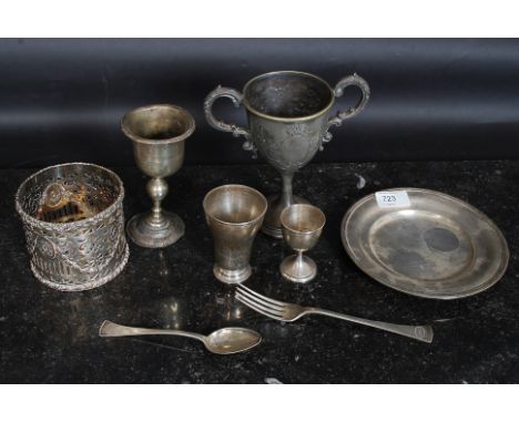 A good collection of silver plated wares to include a Victorian twin handled trophy, fret pierced wine bottle holder, white m