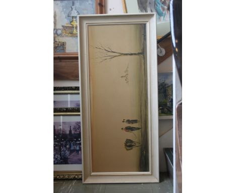 A retro large print of a baron landscape, framed in original white frame. Signature to bottom right. 