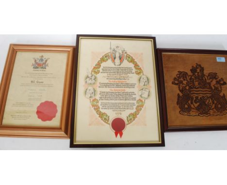 Alderman Bill Graves certificate & Leather embossed coat of arms for Bristol