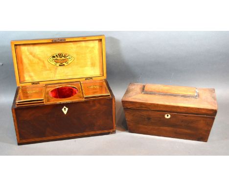 A Regency Mahogany Shell Inlaid Tea Caddy, the hinged cover enclosing a fitted interior with brass lion ring end handles toge