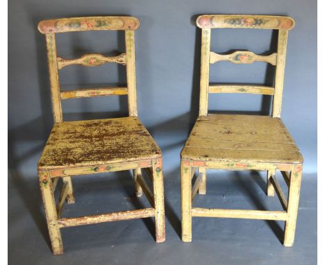 A Pair of 19th Century Painted Side Chairs with rail backs and panel seats raised upon square legs with stretchers 